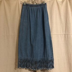 Vintage Blue Midi Skirt with Fringe